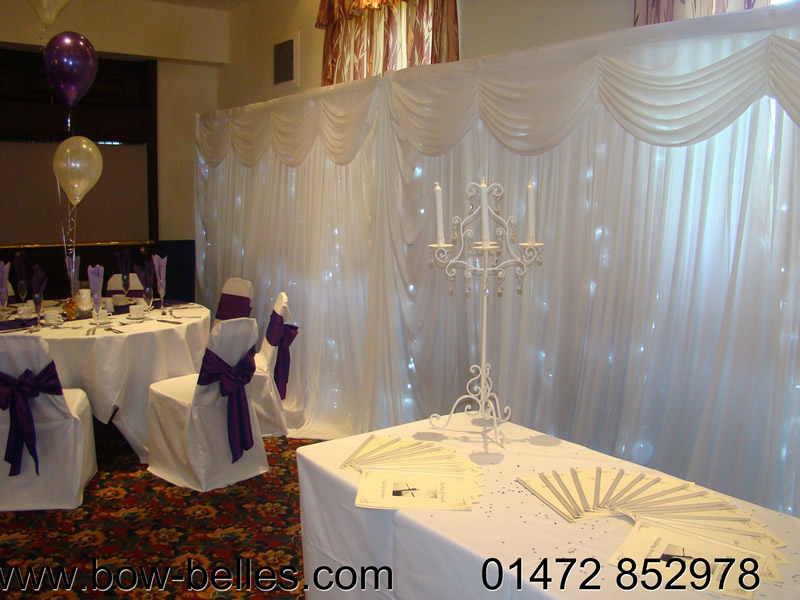 Our display of our Chair Covers, Sashes, Ostrich Feather Centre Pieces, Runners and our New Light Curtain. Venue Decoration discounts will be available on the day and for anyone who books with us before the end of May.